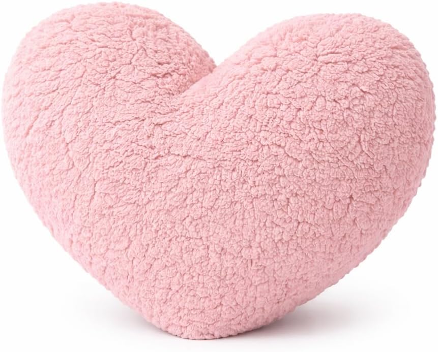 Heart-Shaped Sherpa Throw Pillow 15"x17", Soft Plush Cushion (Pink)