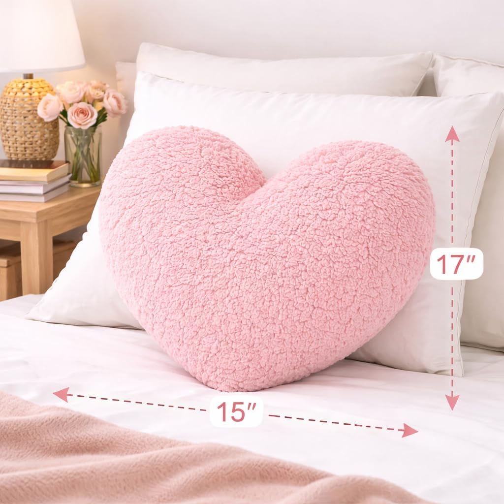 Heart-Shaped Sherpa Throw Pillow 15"x17", Soft Plush Cushion (Pink)