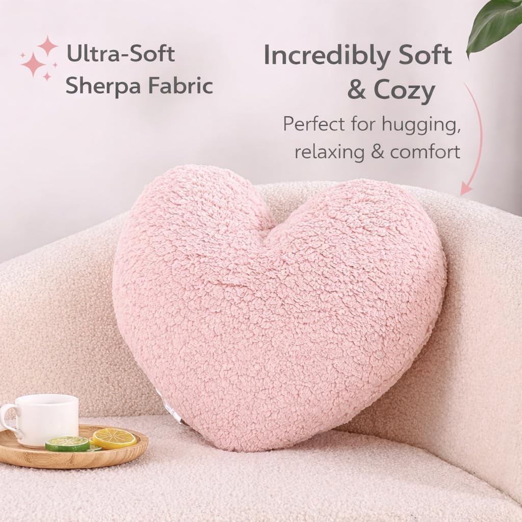 Heart-Shaped Sherpa Throw Pillow 15"x17", Soft Plush Cushion (Pink)