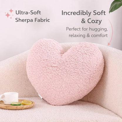 Heart-Shaped Sherpa Throw Pillow 15"x17", Soft Plush Cushion (Pink)