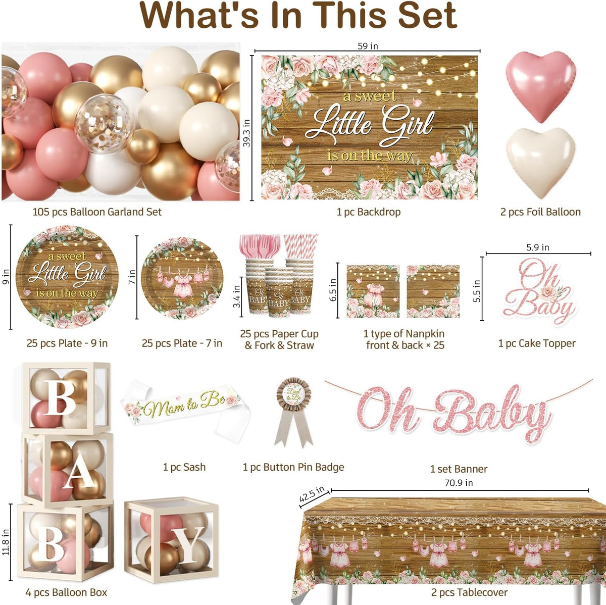 243pcs Floral Baby Shower Decorations for Girls, Serves 25