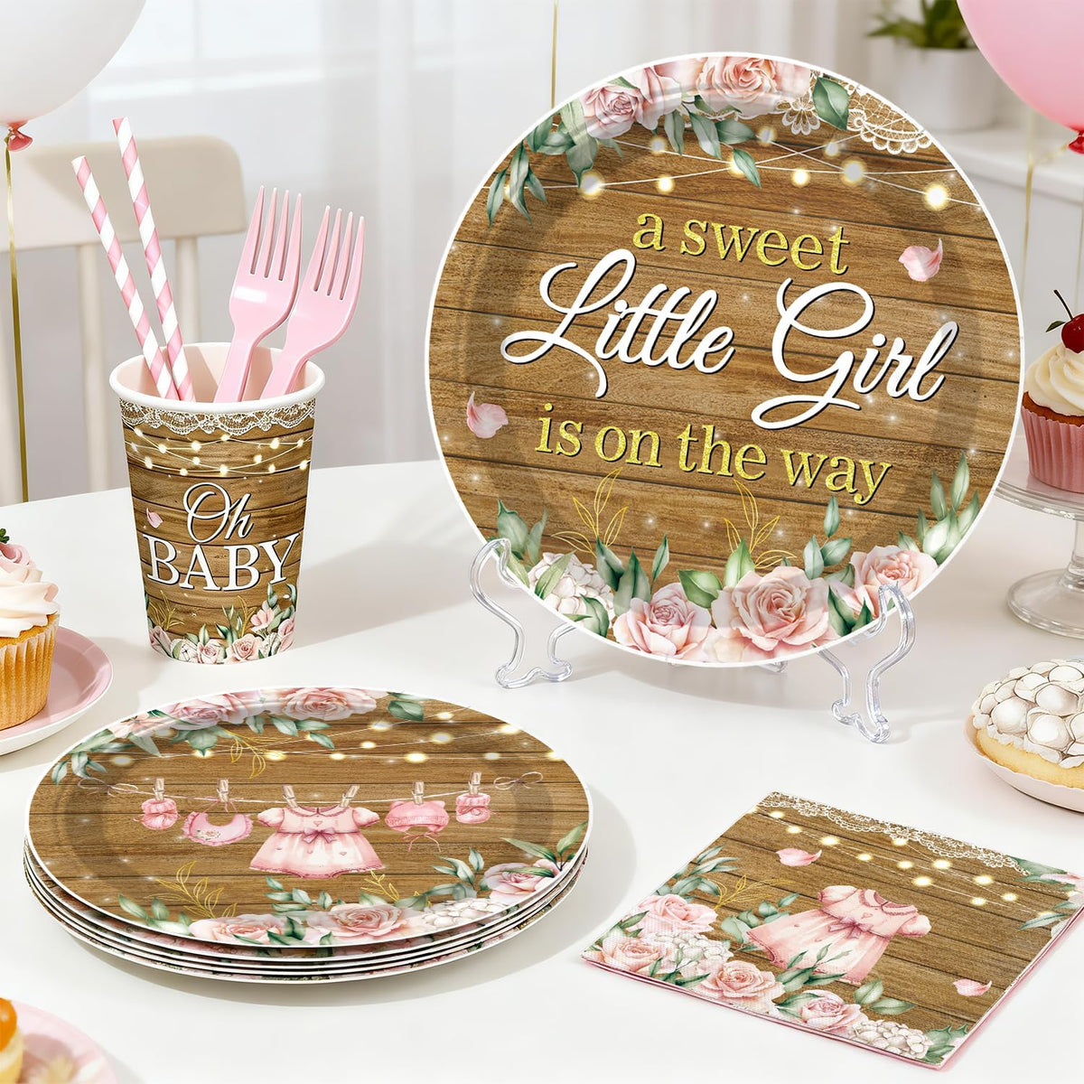 243pcs Floral Baby Shower Decorations for Girls, Serves 25