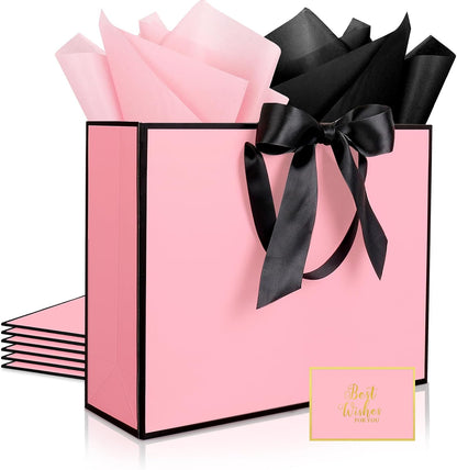 3 Pack Large Gift Bags with Handles, Pink and Black Rim 12.6x10x4 In
