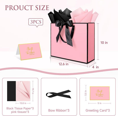 3 Pack Large Gift Bags with Handles, Pink and Black Rim 12.6x10x4 In