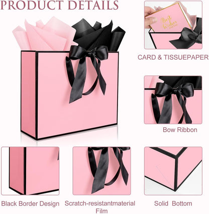 3 Pack Large Gift Bags with Handles, Pink and Black Rim 12.6x10x4 In