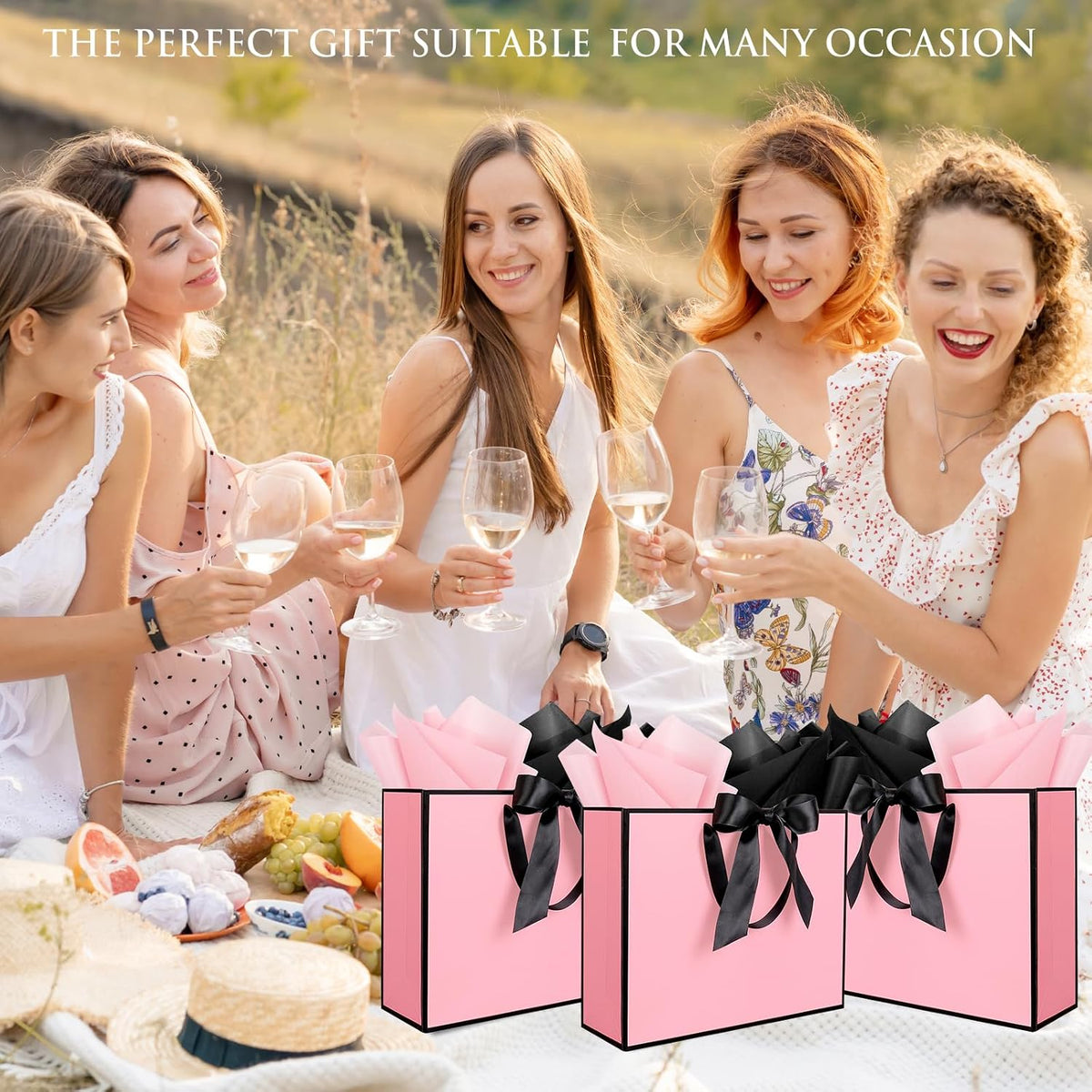 3 Pack Large Gift Bags with Handles, Pink and Black Rim 12.6x10x4 In