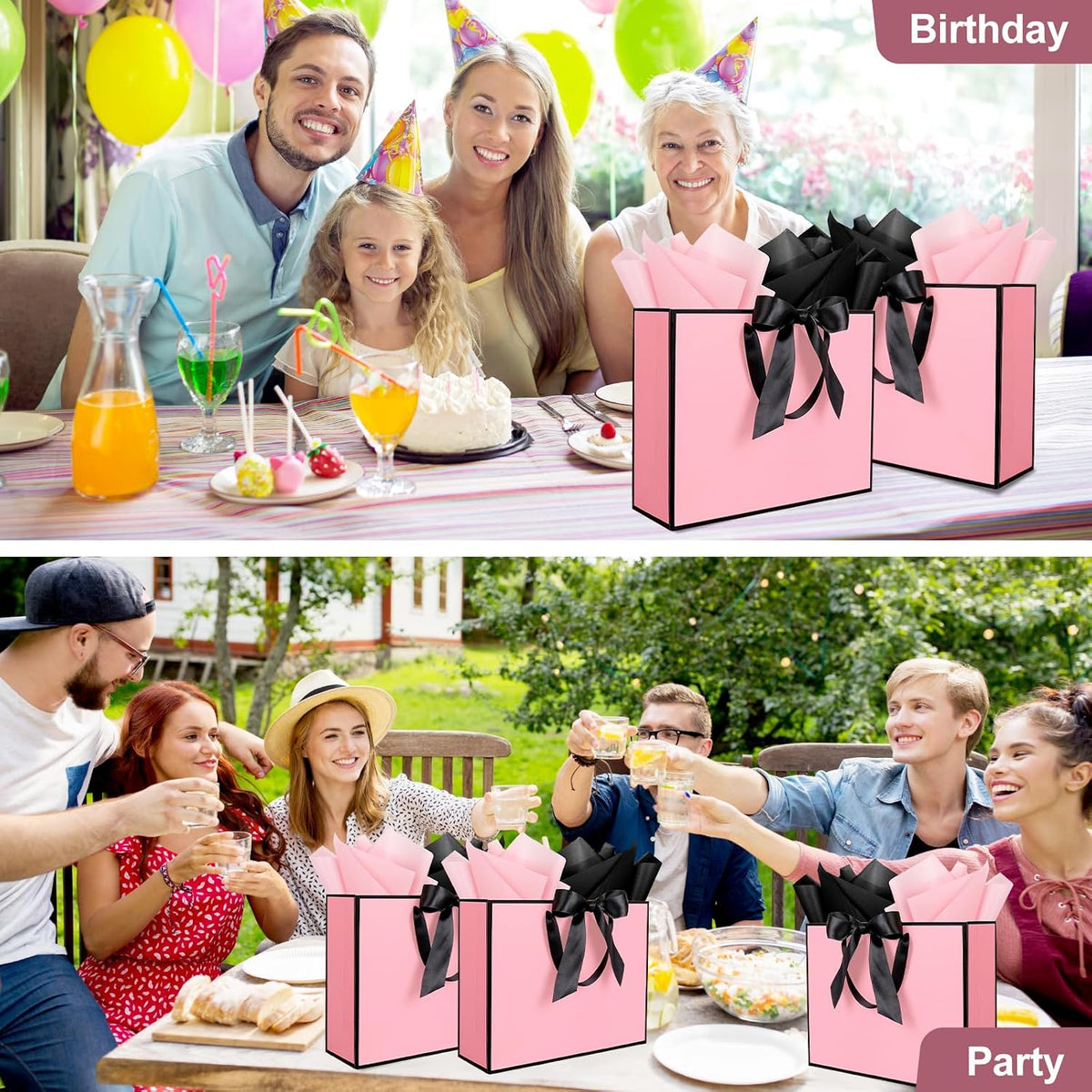 3 Pack Large Gift Bags with Handles, Pink and Black Rim 12.6x10x4 In