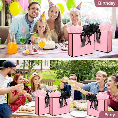 3 Pack Large Gift Bags with Handles, Pink and Black Rim 12.6x10x4 In