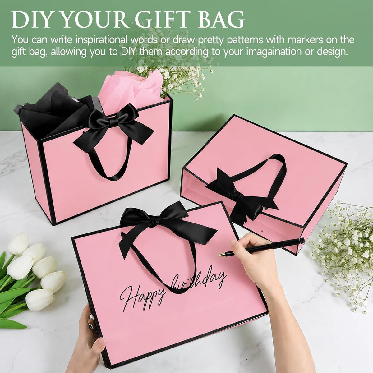 3 Pack Large Gift Bags with Handles, Pink and Black Rim 12.6x10x4 In