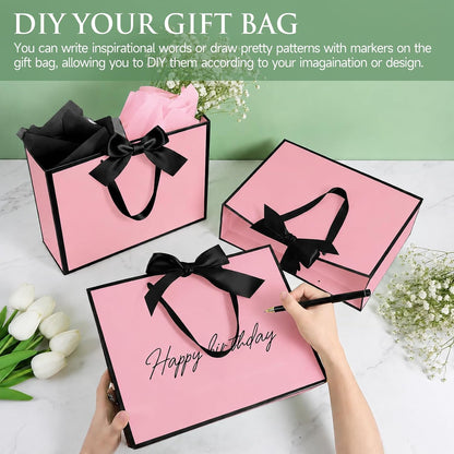3 Pack Large Gift Bags with Handles, Pink and Black Rim 12.6x10x4 In