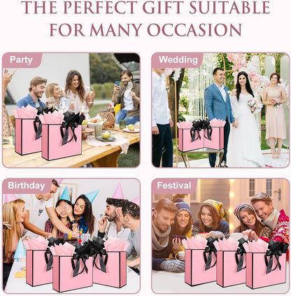3 Pack Large Gift Bags with Handles, Pink and Black Rim 12.6x10x4 In