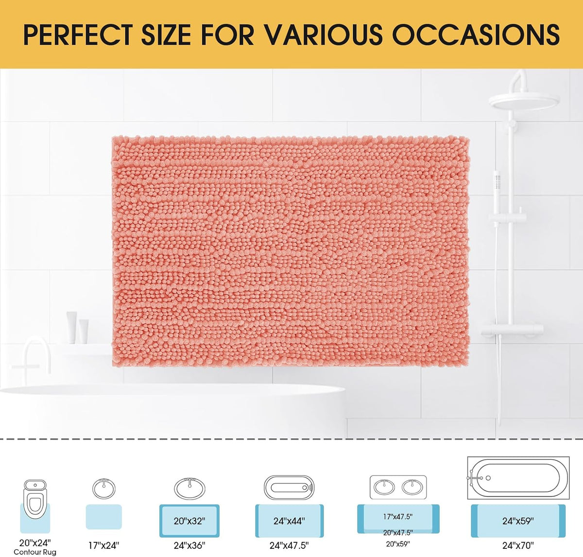 Upgrade Luxury Coral Bathroom Rug Mat 36"x24", Ultra Soft Thick Absorbent Bath Mats, Non Slip Chenille Toilet Mat for Bathroom, Bedroom, Kitchen, Shower, Tub