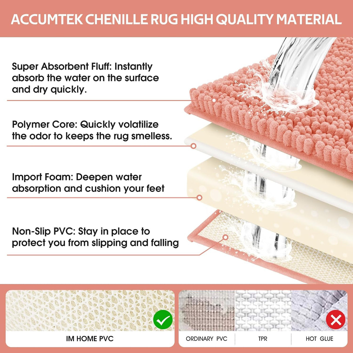 Upgrade Luxury Coral Bathroom Rug Mat 36"x24", Ultra Soft Thick Absorbent Bath Mats, Non Slip Chenille Toilet Mat for Bathroom, Bedroom, Kitchen, Shower, Tub