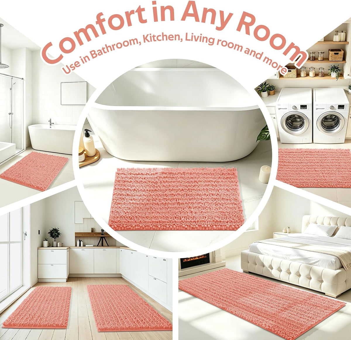 Upgrade Luxury Coral Bathroom Rug Mat 36"x24", Ultra Soft Thick Absorbent Bath Mats, Non Slip Chenille Toilet Mat for Bathroom, Bedroom, Kitchen, Shower, Tub