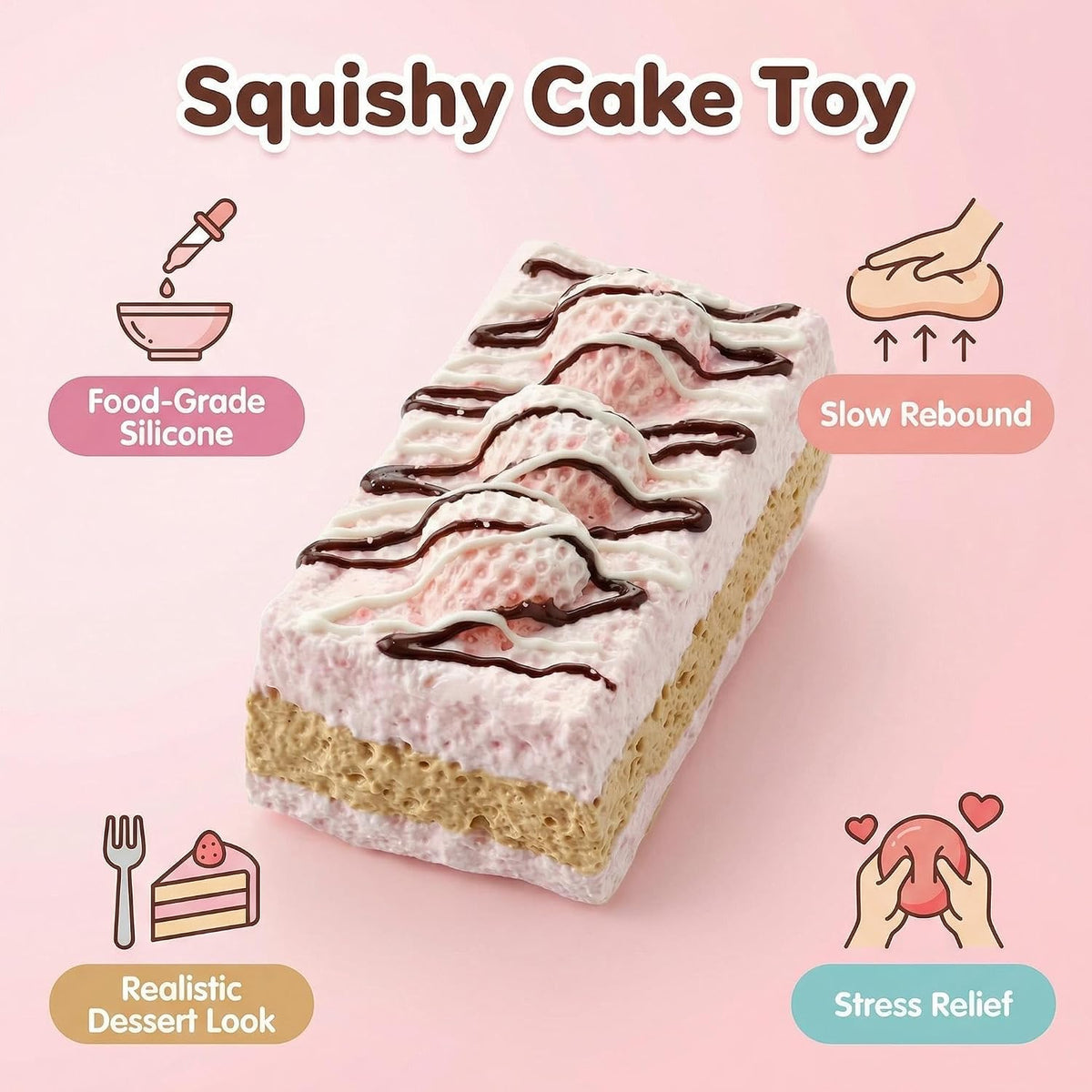 Handmade Taba Squishy Toast, Strawberry Cake Food-Grade Silicone Squishy Toy ,Soft Poachable Cake Squeeze Toy in Vacuum Bag, Cute Desktop Decompression Gift for Adults (Pink)
