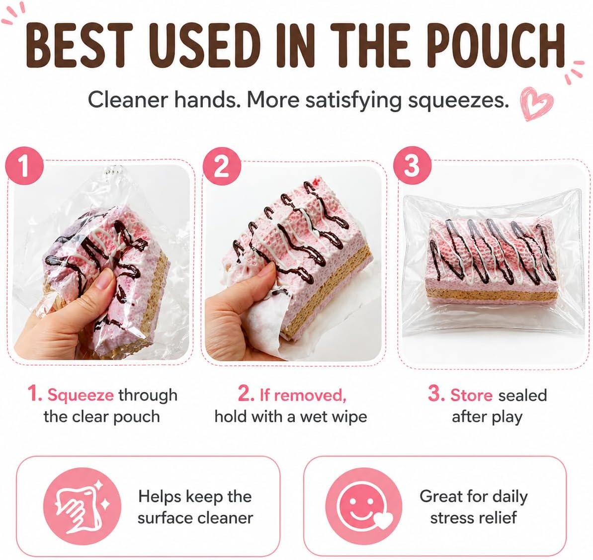 Handmade Taba Squishy Toast, Strawberry Cake Food-Grade Silicone Squishy Toy ,Soft Poachable Cake Squeeze Toy in Vacuum Bag, Cute Desktop Decompression Gift for Adults (Pink)