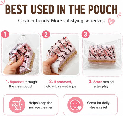 Handmade Taba Squishy Toast, Strawberry Cake Food-Grade Silicone Squishy Toy ,Soft Poachable Cake Squeeze Toy in Vacuum Bag, Cute Desktop Decompression Gift for Adults (Pink)