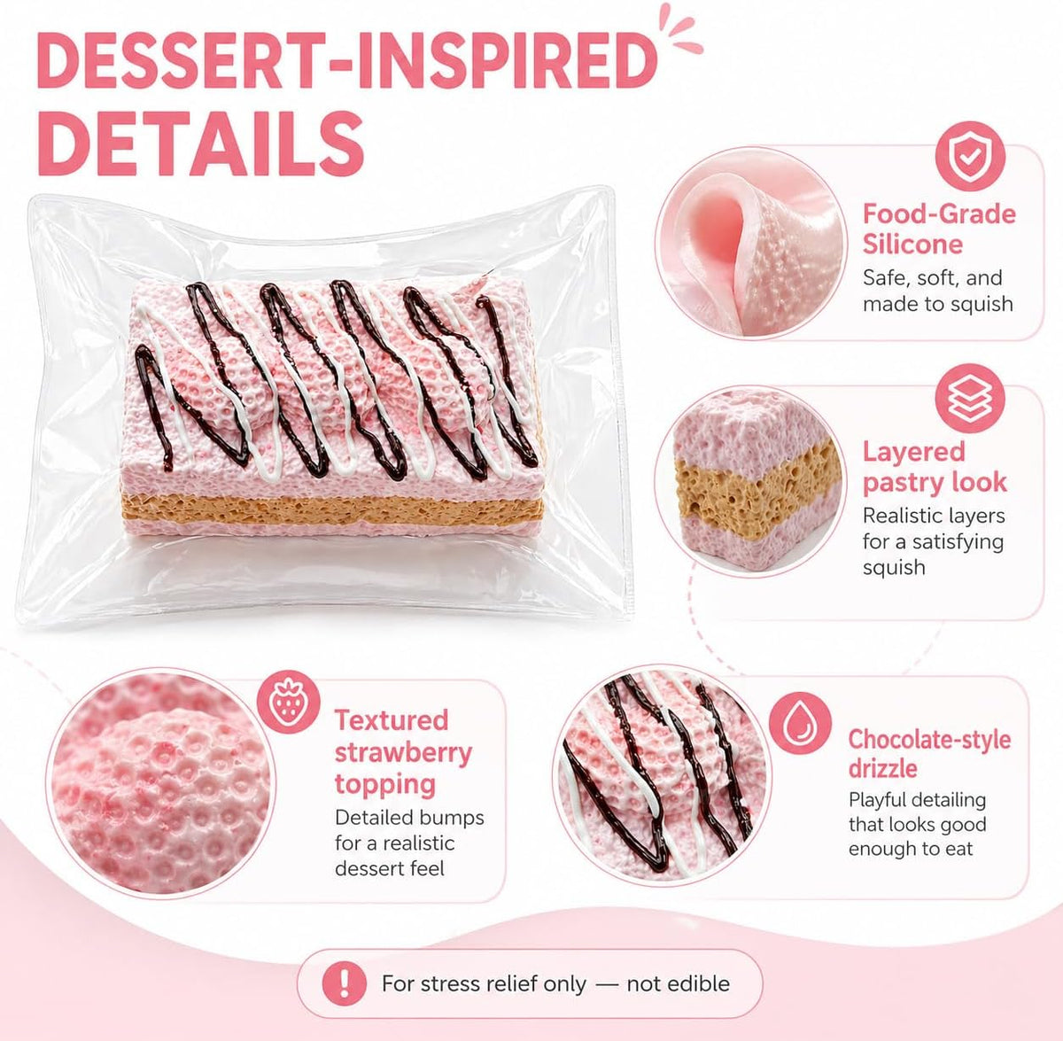 Handmade Taba Squishy Toast, Strawberry Cake Food-Grade Silicone Squishy Toy ,Soft Poachable Cake Squeeze Toy in Vacuum Bag, Cute Desktop Decompression Gift for Adults (Pink)