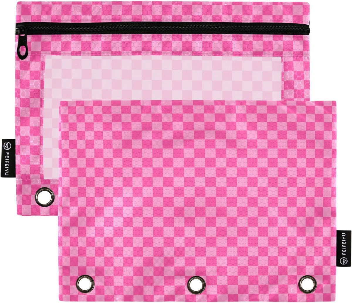 Pink Checkered Pencil Pouch for 3 Ring Binder 2 Pack Binder Pencil Pouches Zippered Clear Pencil Case Cosmetic Bag for Home Office College Supplies