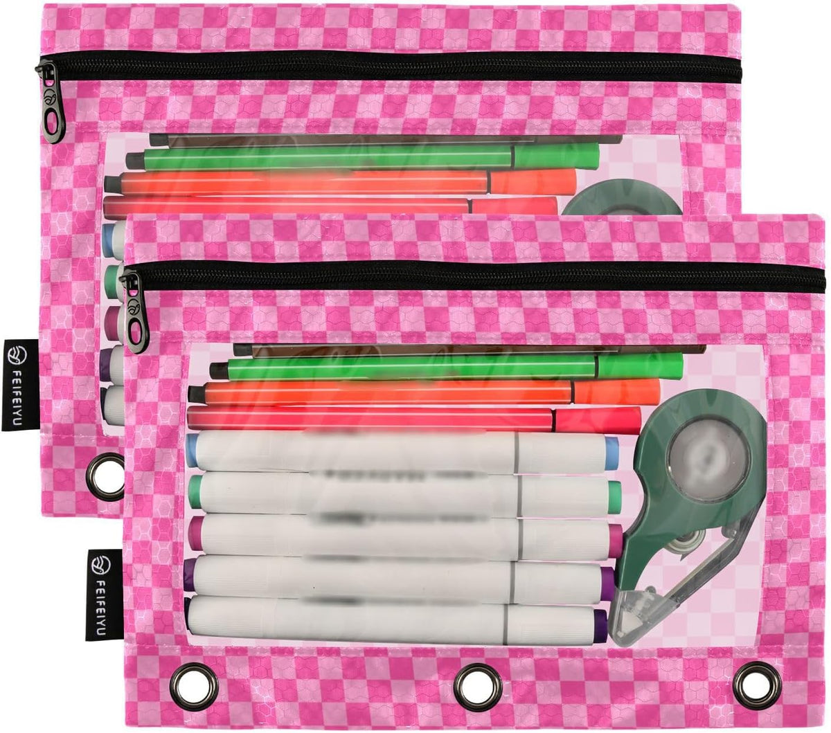 Pink Checkered Pencil Pouch for 3 Ring Binder 2 Pack Binder Pencil Pouches Zippered Clear Pencil Case Cosmetic Bag for Home Office College Supplies