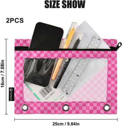 Pink Checkered Pencil Pouch for 3 Ring Binder 2 Pack Binder Pencil Pouches Zippered Clear Pencil Case Cosmetic Bag for Home Office College Supplies