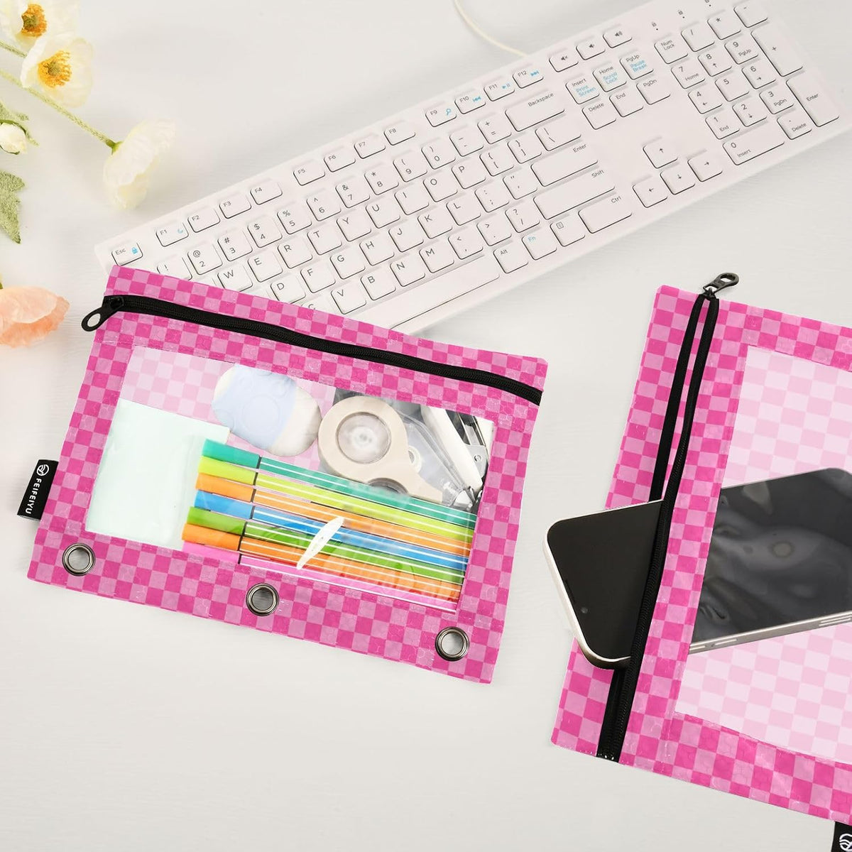 Pink Checkered Pencil Pouch for 3 Ring Binder 2 Pack Binder Pencil Pouches Zippered Clear Pencil Case Cosmetic Bag for Home Office College Supplies