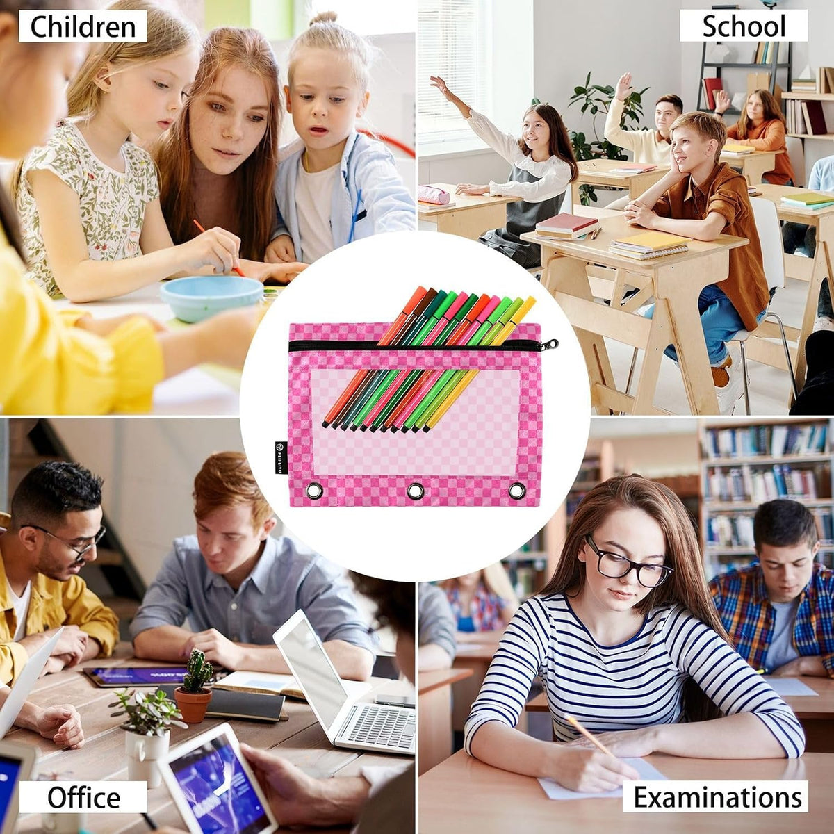 Pink Checkered Pencil Pouch for 3 Ring Binder 2 Pack Binder Pencil Pouches Zippered Clear Pencil Case Cosmetic Bag for Home Office College Supplies