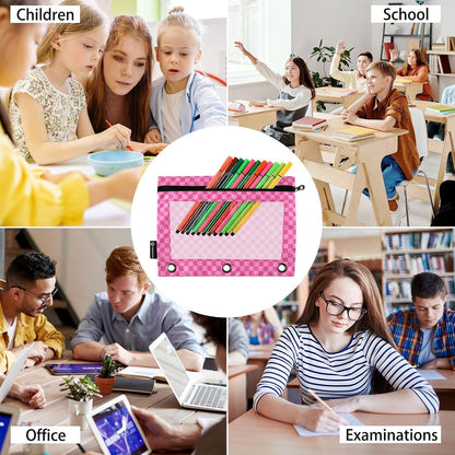 Pink Checkered Pencil Pouch for 3 Ring Binder 2 Pack Binder Pencil Pouches Zippered Clear Pencil Case Cosmetic Bag for Home Office College Supplies