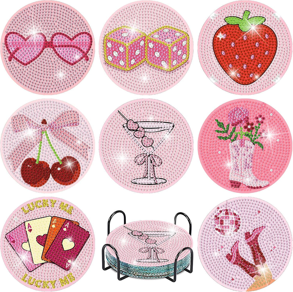8 Pcs Diamond Art Coasters with Holder, Pink Cute Diamond Painting Kits for Adults Beginners, Non-Slip Gem Art Coasters for Home Decor Gift