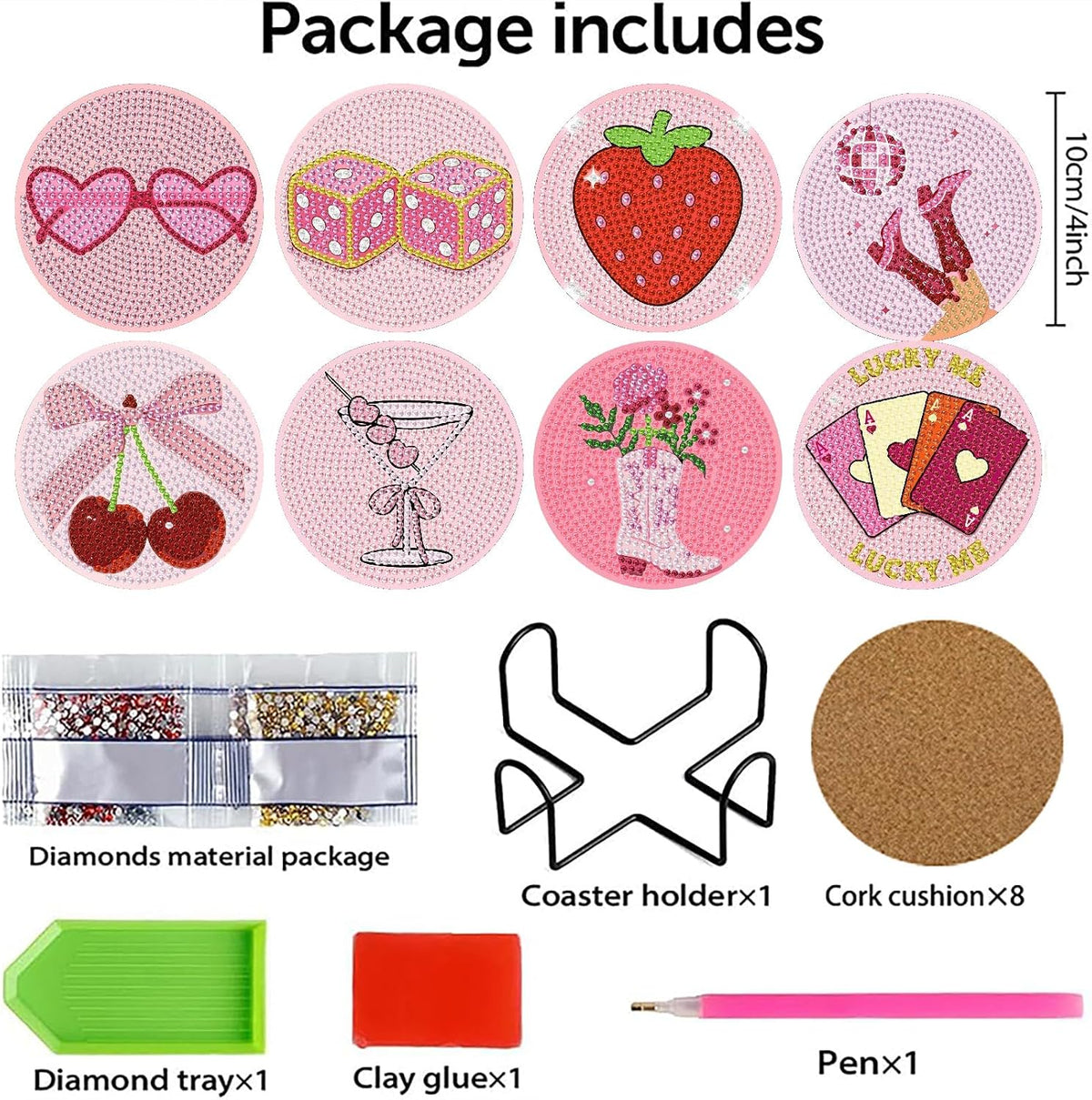 8 Pcs Diamond Art Coasters with Holder, Pink Cute Diamond Painting Kits for Adults Beginners, Non-Slip Gem Art Coasters for Home Decor Gift