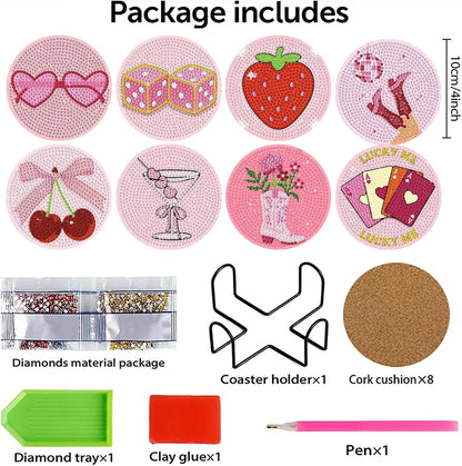 8 Pcs Diamond Art Coasters with Holder, Pink Cute Diamond Painting Kits for Adults Beginners, Non-Slip Gem Art Coasters for Home Decor Gift