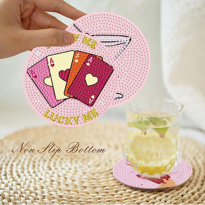 8 Pcs Diamond Art Coasters with Holder, Pink Cute Diamond Painting Kits for Adults Beginners, Non-Slip Gem Art Coasters for Home Decor Gift
