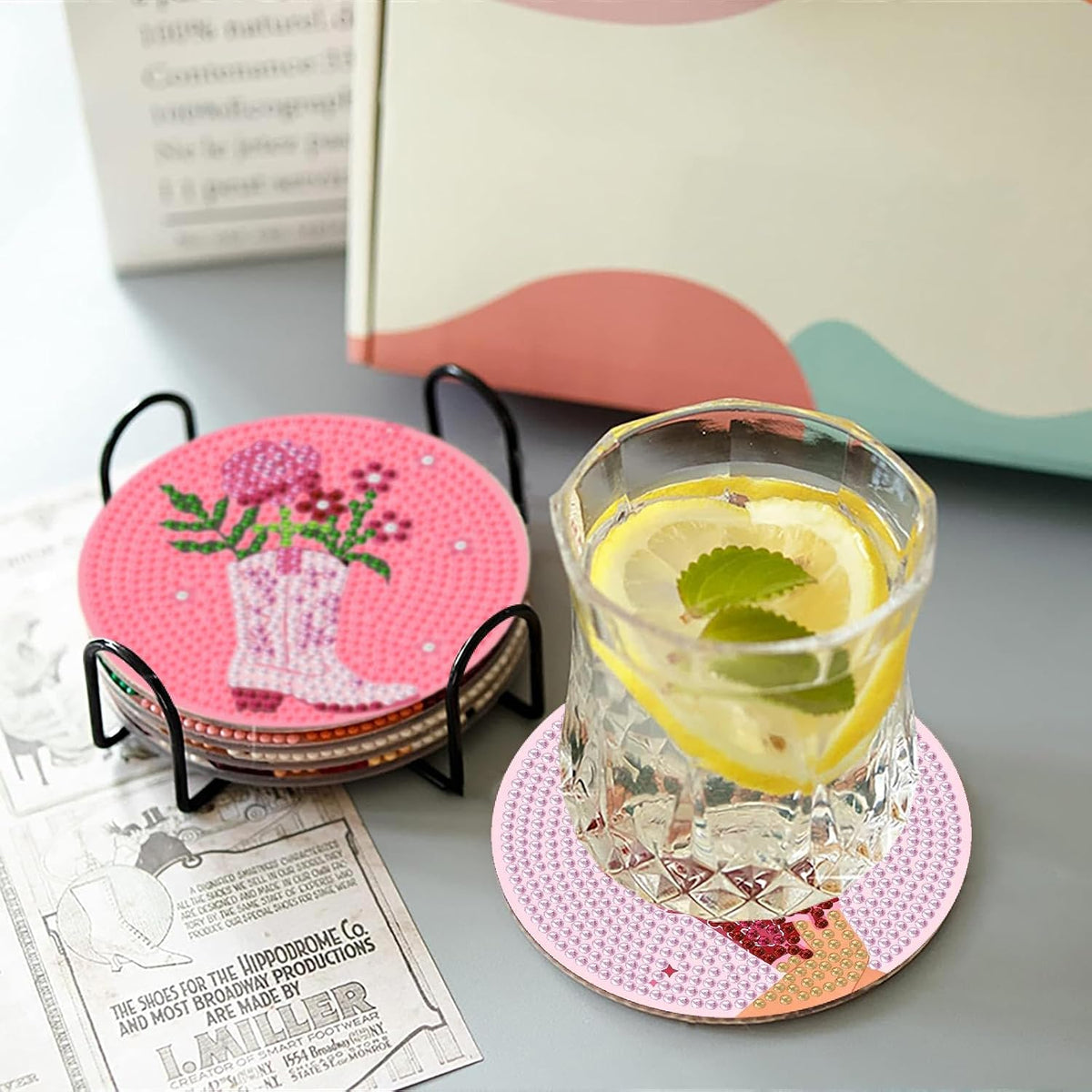 8 Pcs Diamond Art Coasters with Holder, Pink Cute Diamond Painting Kits for Adults Beginners, Non-Slip Gem Art Coasters for Home Decor Gift