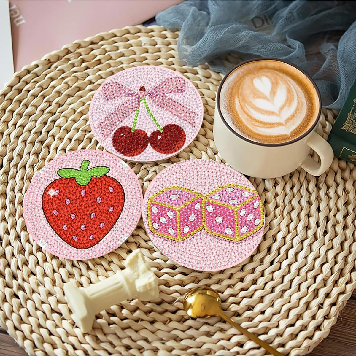 8 Pcs Diamond Art Coasters with Holder, Pink Cute Diamond Painting Kits for Adults Beginners, Non-Slip Gem Art Coasters for Home Decor Gift