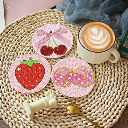 8 Pcs Diamond Art Coasters with Holder, Pink Cute Diamond Painting Kits for Adults Beginners, Non-Slip Gem Art Coasters for Home Decor Gift