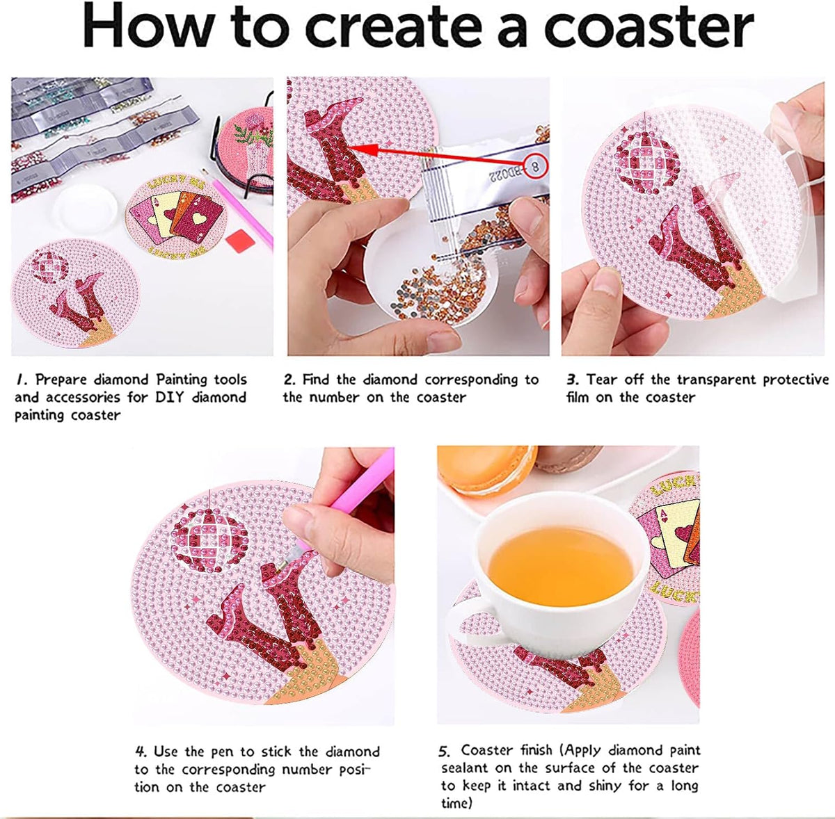 8 Pcs Diamond Art Coasters with Holder, Pink Cute Diamond Painting Kits for Adults Beginners, Non-Slip Gem Art Coasters for Home Decor Gift