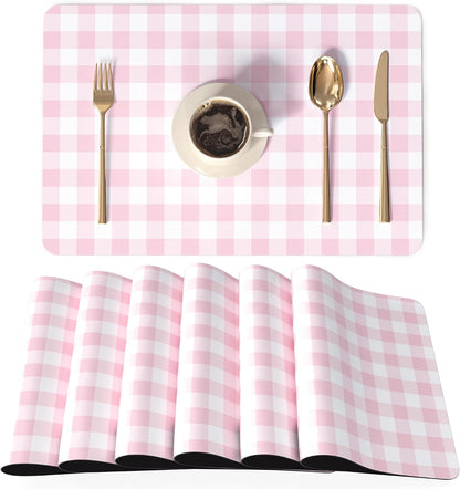 PU Leather Placemats Set of 6, 12"x18" Waterproof Table Mats, Gingham