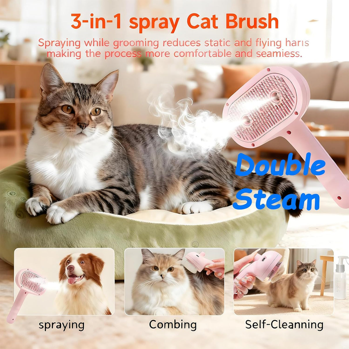 Pet Steam Brush for Cats & Dogs, 2-Hole Double Spray Cat Grooming Comb