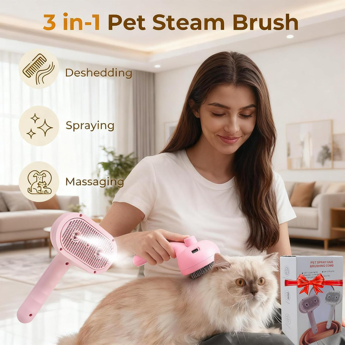 Pet Steam Brush for Cats & Dogs, 2-Hole Double Spray Cat Grooming Comb