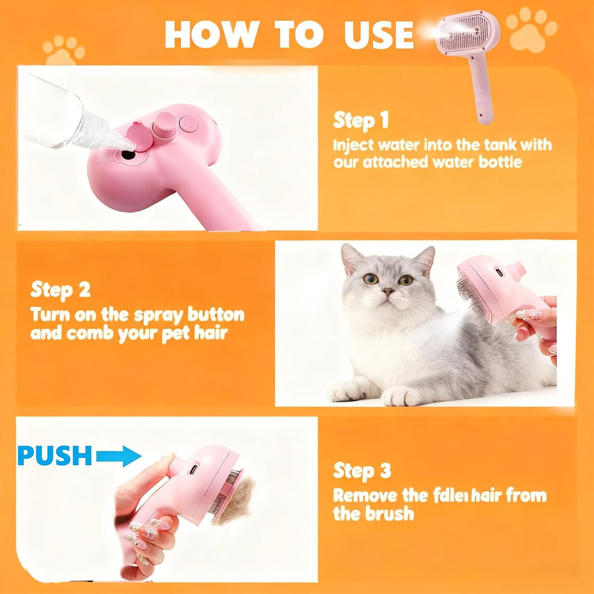 Pet Steam Brush for Cats & Dogs, 2-Hole Double Spray Cat Grooming Comb