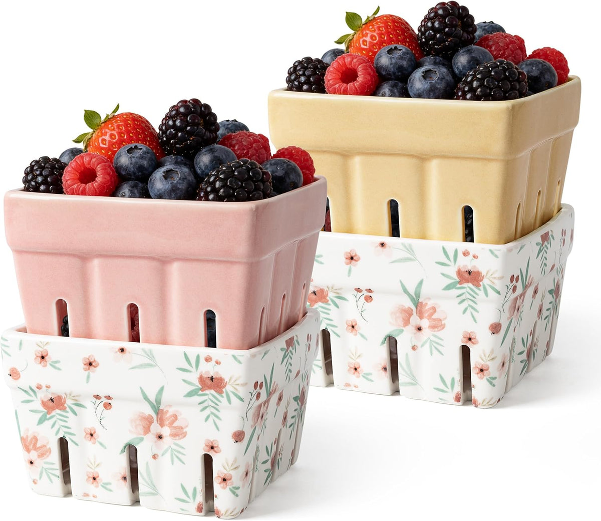 Ceramic Berry Basket, Farmhouse Fruit Bowl Container for Fruit & Vegetables, Farmers Market, Pink Floral Pattern, Kitchen Decor, Stoneware Harvest Bowls, Set of 4