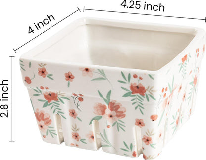 Ceramic Berry Basket, Farmhouse Fruit Bowl Container for Fruit & Vegetables, Farmers Market, Pink Floral Pattern, Kitchen Decor, Stoneware Harvest Bowls, Set of 4