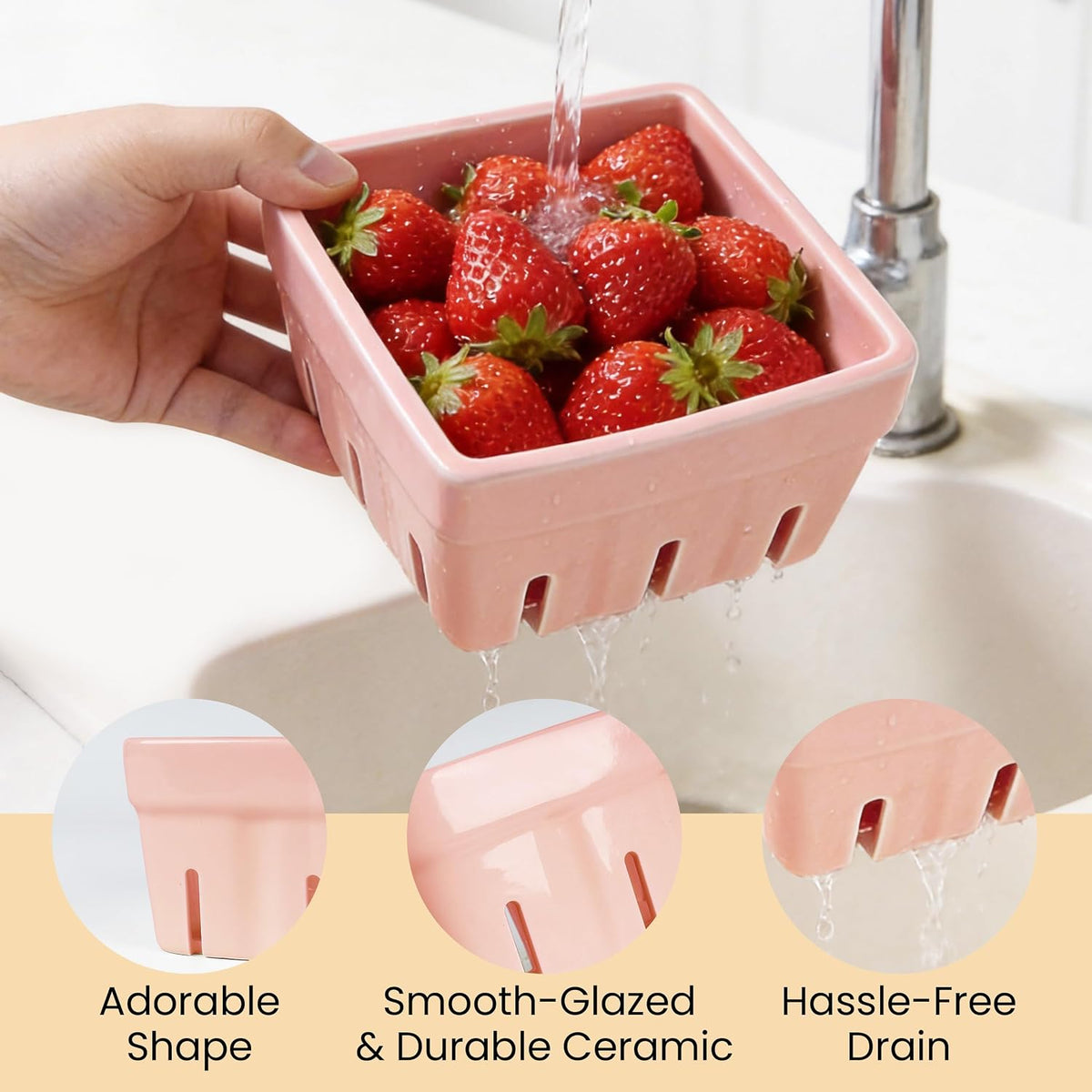 Ceramic Berry Basket, Farmhouse Fruit Bowl Container for Fruit & Vegetables, Farmers Market, Pink Floral Pattern, Kitchen Decor, Stoneware Harvest Bowls, Set of 4
