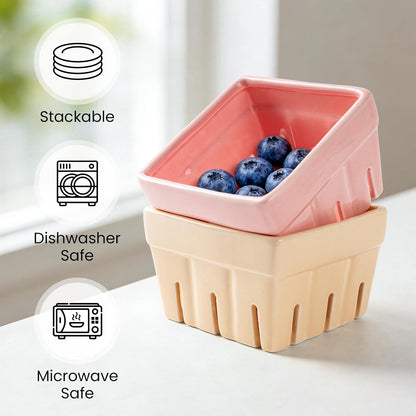 Ceramic Berry Basket, Farmhouse Fruit Bowl Container for Fruit & Vegetables, Farmers Market, Pink Floral Pattern, Kitchen Decor, Stoneware Harvest Bowls, Set of 4