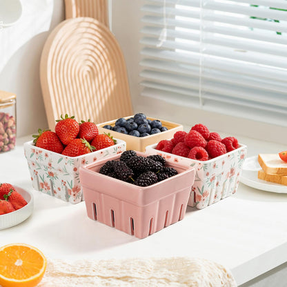 Ceramic Berry Basket, Farmhouse Fruit Bowl Container for Fruit & Vegetables, Farmers Market, Pink Floral Pattern, Kitchen Decor, Stoneware Harvest Bowls, Set of 4