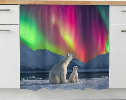 Bear Small Sink Skirt, Bathroom Vanity Cabinet Adhesive Curtain, Nature Pink Yellow Lights Night Sky Snowy Animals Utility Under Sink Cover Decorative Kitchen Cabinet Curtains 10"x11"