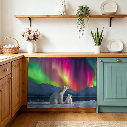 Bear Small Sink Skirt, Bathroom Vanity Cabinet Adhesive Curtain, Nature Pink Yellow Lights Night Sky Snowy Animals Utility Under Sink Cover Decorative Kitchen Cabinet Curtains 10"x11"