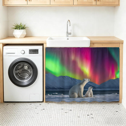 Bear Small Sink Skirt, Bathroom Vanity Cabinet Adhesive Curtain, Nature Pink Yellow Lights Night Sky Snowy Animals Utility Under Sink Cover Decorative Kitchen Cabinet Curtains 10"x11"