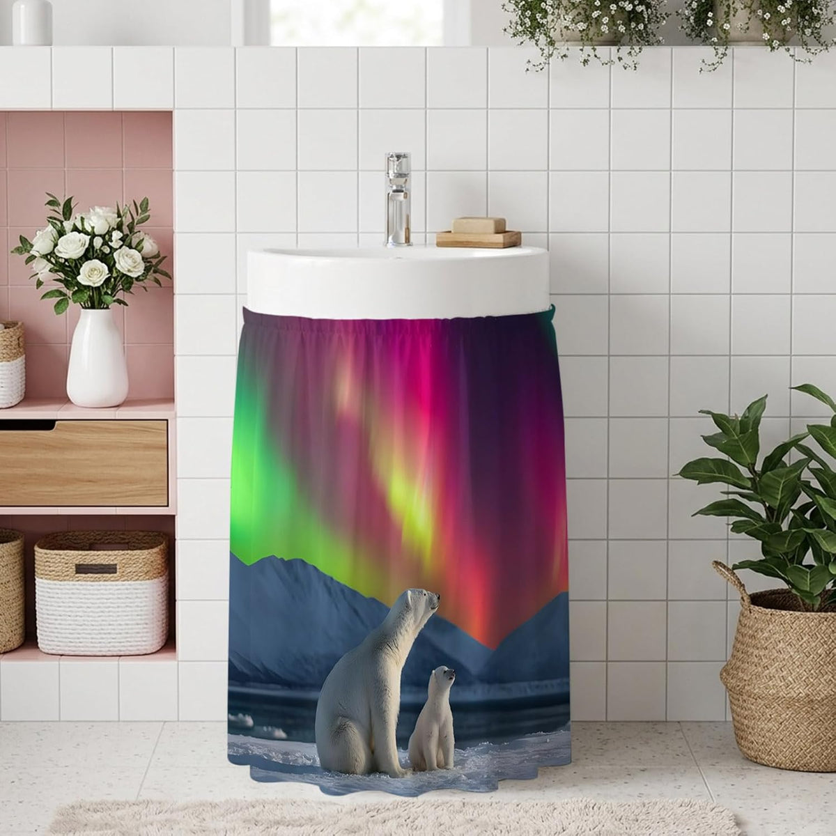 Bear Small Sink Skirt, Bathroom Vanity Cabinet Adhesive Curtain, Nature Pink Yellow Lights Night Sky Snowy Animals Utility Under Sink Cover Decorative Kitchen Cabinet Curtains 10"x11"