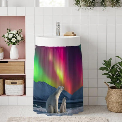 Bear Small Sink Skirt, Bathroom Vanity Cabinet Adhesive Curtain, Nature Pink Yellow Lights Night Sky Snowy Animals Utility Under Sink Cover Decorative Kitchen Cabinet Curtains 10"x11"